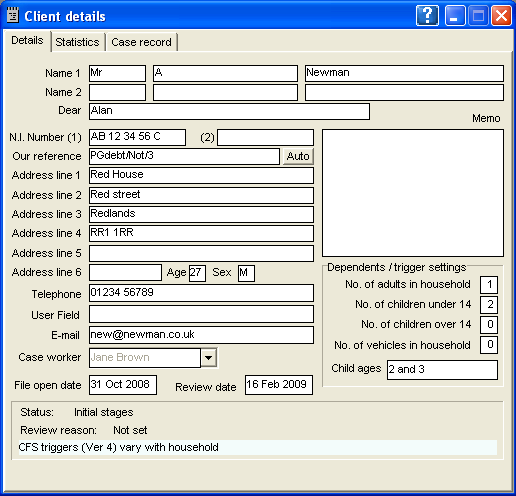 Client data screenshot