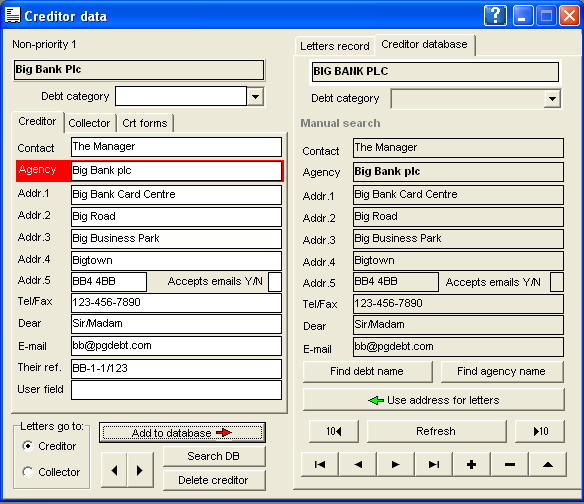 creditor data screenshot